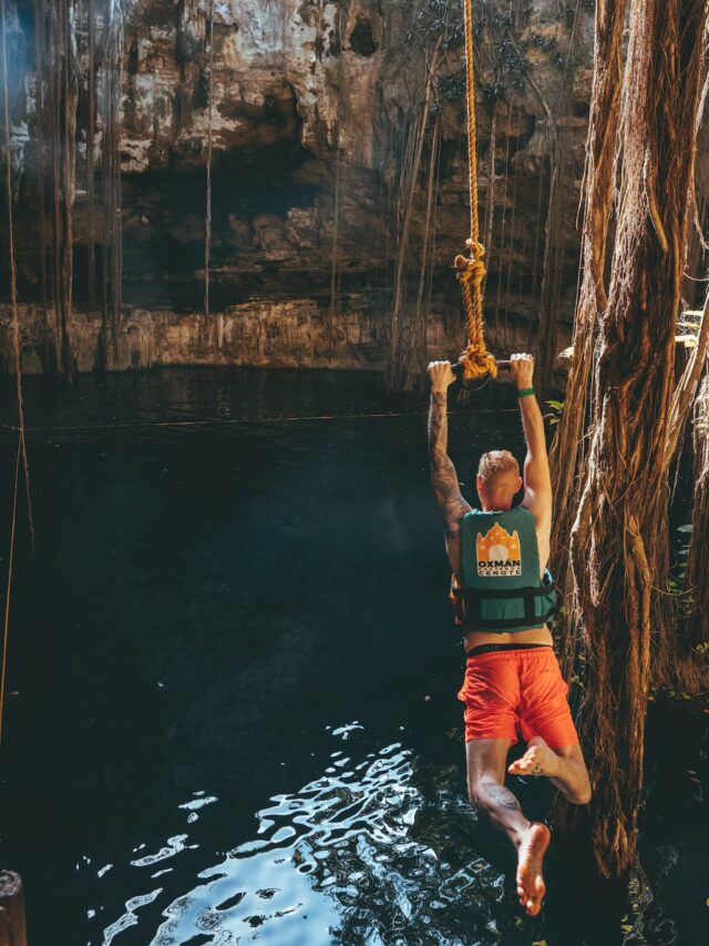 Rope Swinging At Cenote Oxman