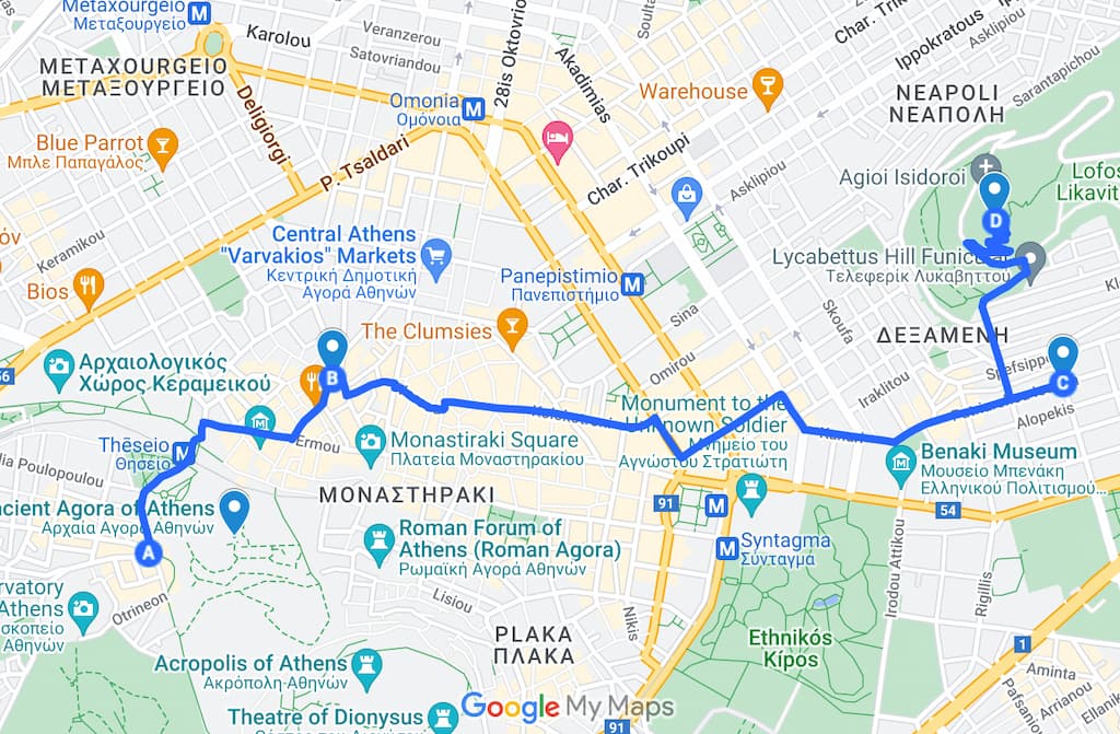 3/4 Days In Athens Itinerary Map