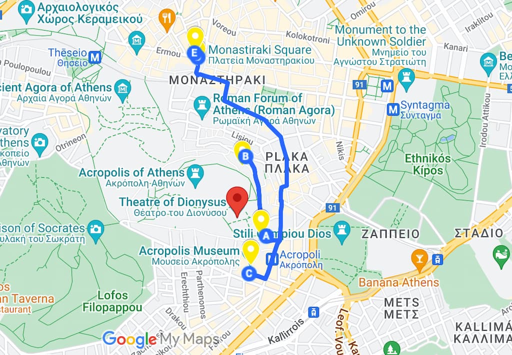 1/4 Days In Athens Itinerary Map